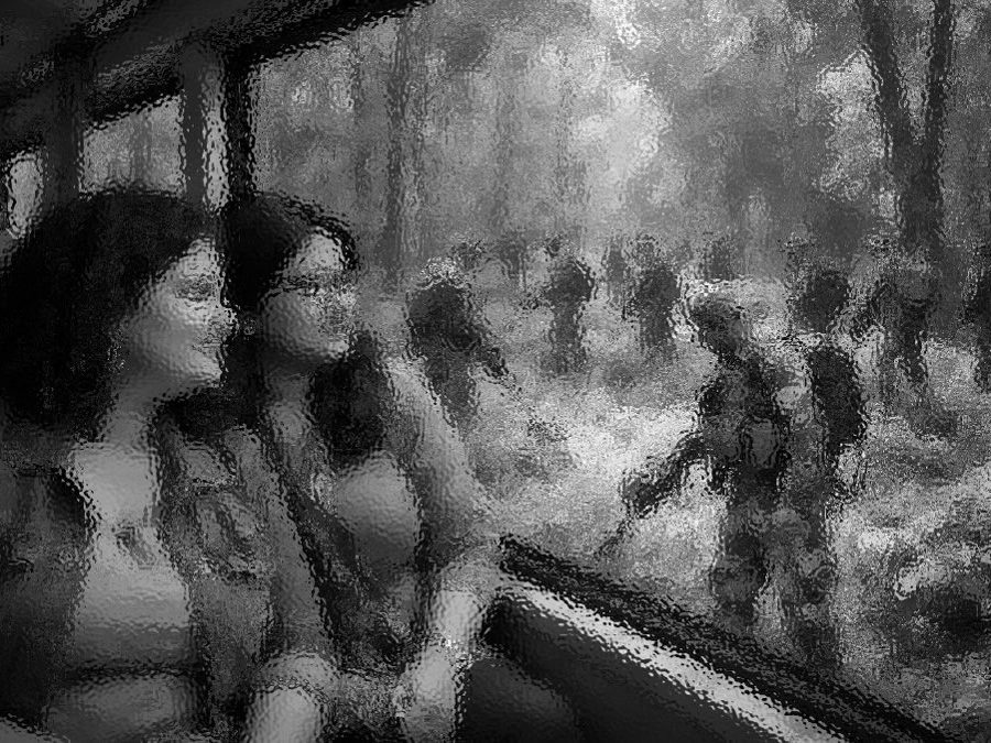 Two women sitting on a bus, looking out the window at a scene of soldiers in a forest, depicted in a black and white, blurred style.