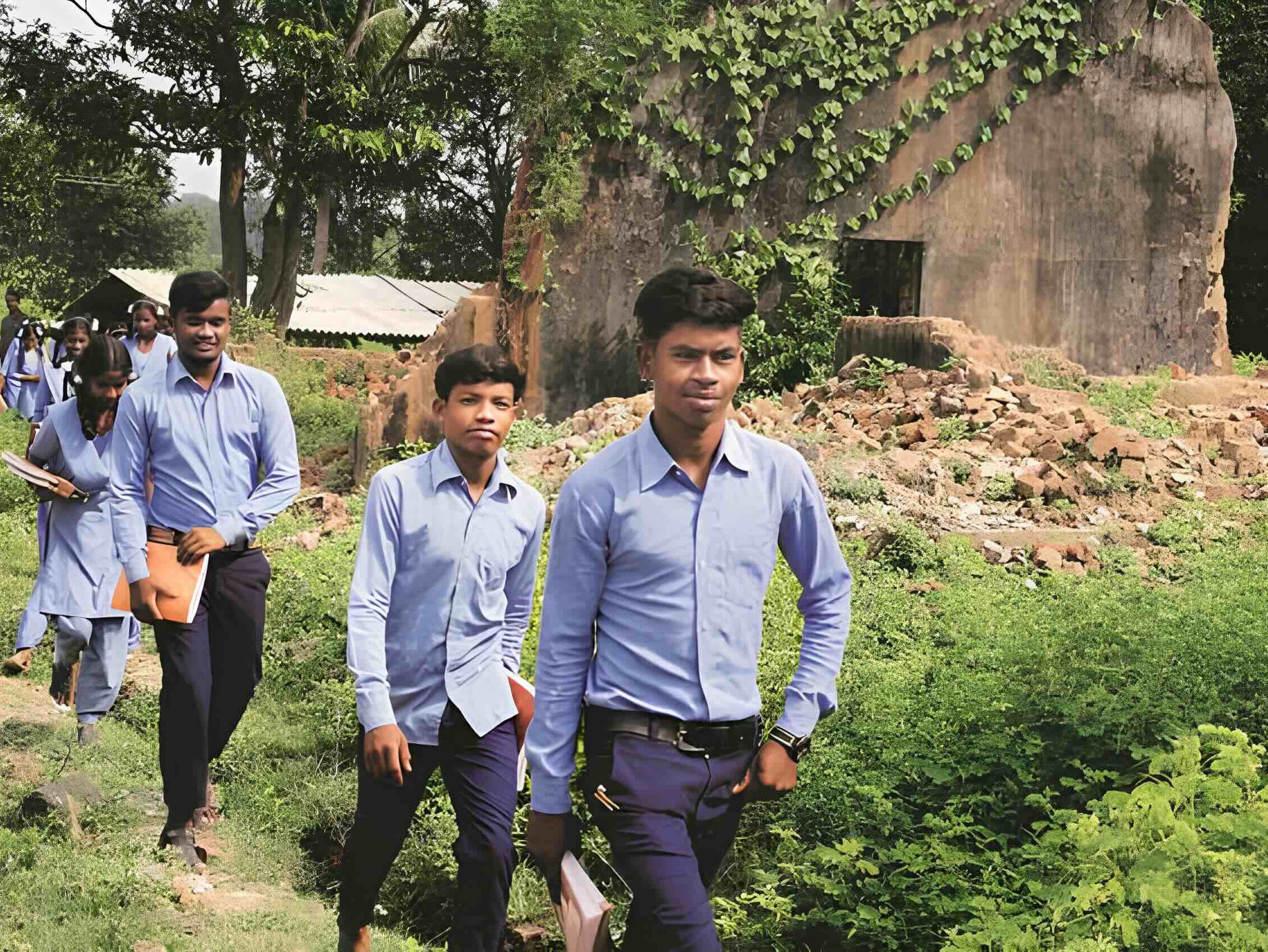 A group of students in blue uniforms walking through a green landscape with a partially collapsed building in the background.