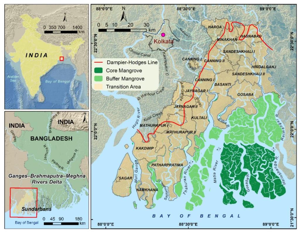 Maps illustrating the location and zonation of the Sundarbans in India and Bangladesh, detailing core mangrove, buffer mangrove, and transition areas