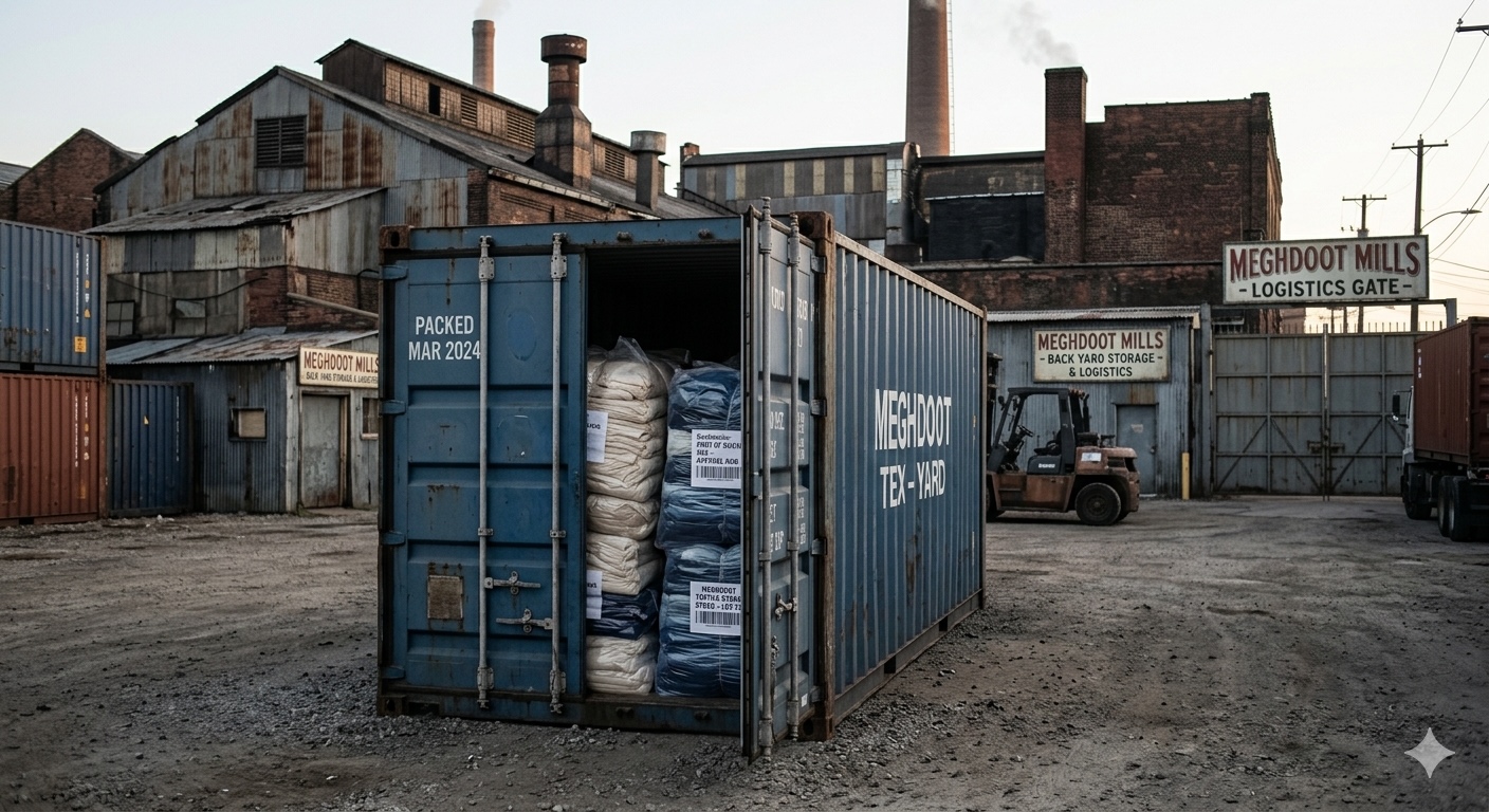 Blue shipping container labeled Meghdoot Tex-Yard open with stacked bags inside in industrial yard with Meghdoot Mills logistics signs and forklift.