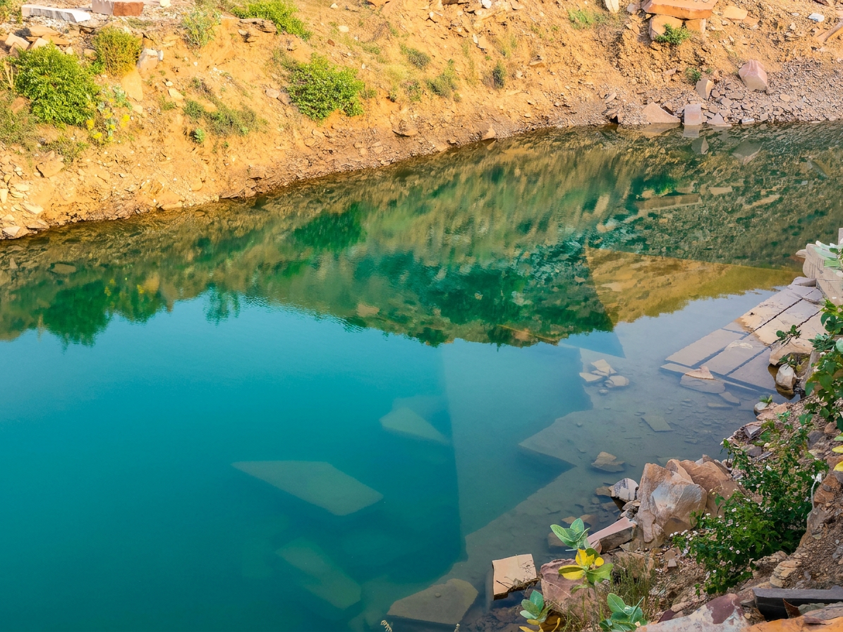 Clear blue water reflecting a steep rocky shoreline with scattered plants and submerged stones