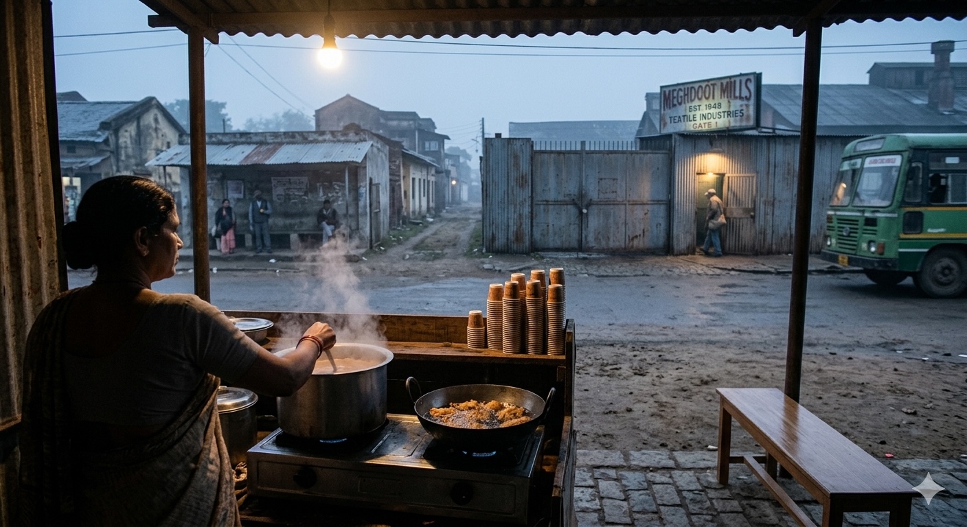 A woman stirring a large pot and frying food at an outdoor street stall at dawn near Meghdoot Mills with people waiting and a bus passing by.