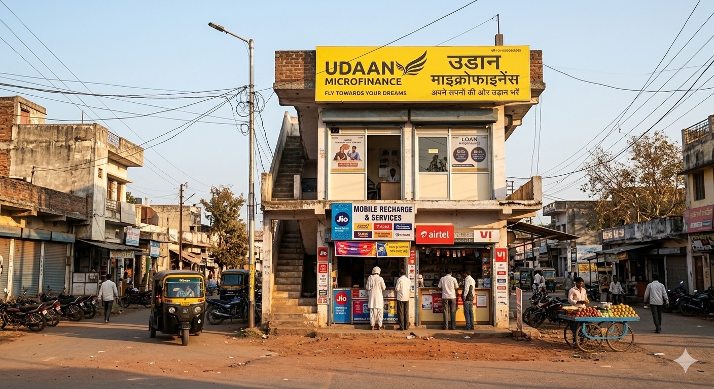 Small two-story building with Udaan Microfinance sign, mobile recharge and service counters, people standing, and a street vendor selling fruits.